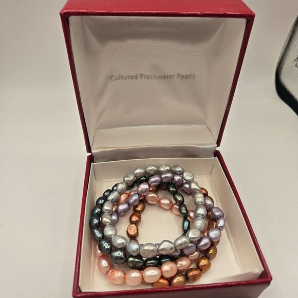 5 Strand Multi Color Freshwater Cultured Pearl Stretch Bracelets - Picture 2 of 3